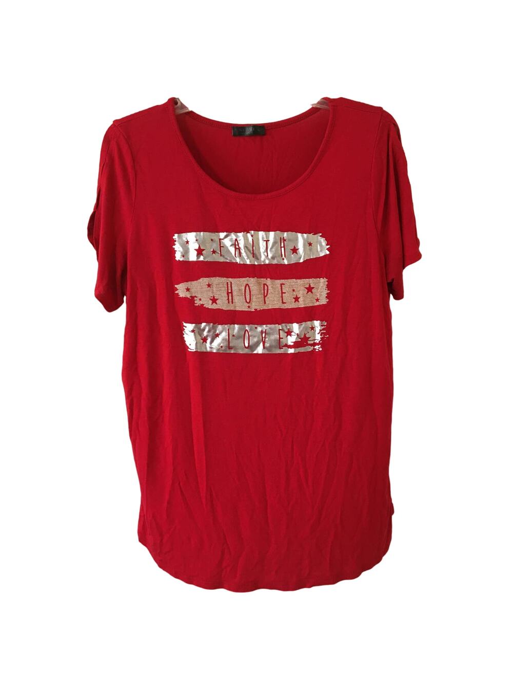 Eva James XL Faith Hope Love Cut Out Sleeve T-shirt Red With Silver Lettering